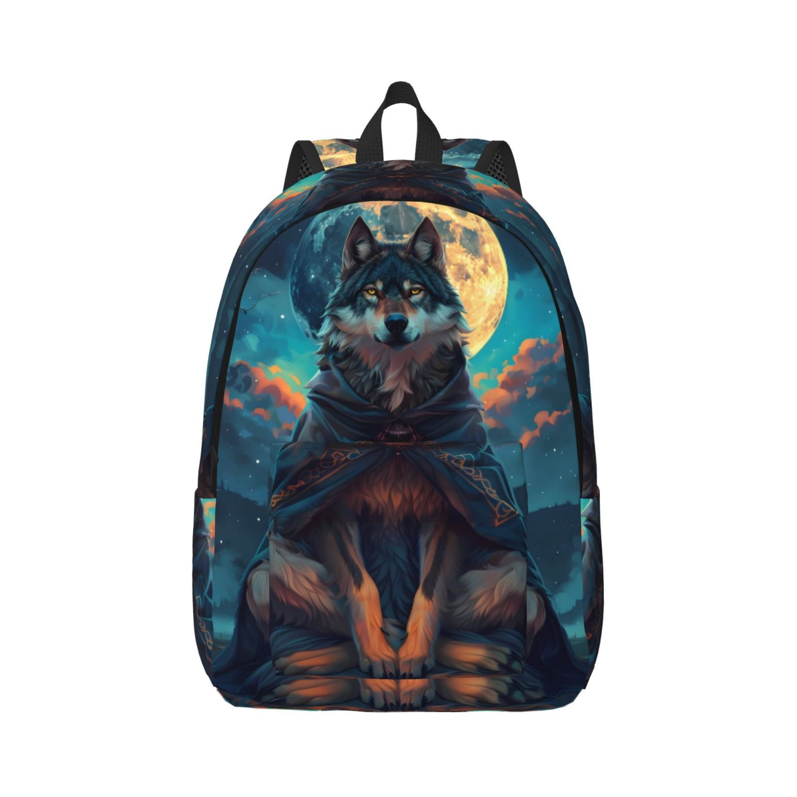 Naloa Canvas Backpack for Men Women Starry Sky Moon Wolf Leader Print
