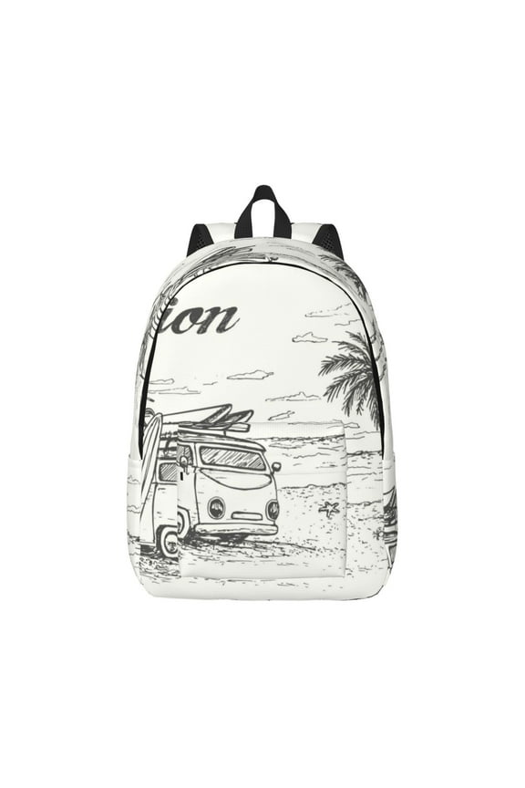 Canvas Backpack for Men Women Summer Vacation Scene With Camping Van Print Rucksack Casual Travel Daypack Large and Small Durable College Tote Satchel Bookbag for Teens