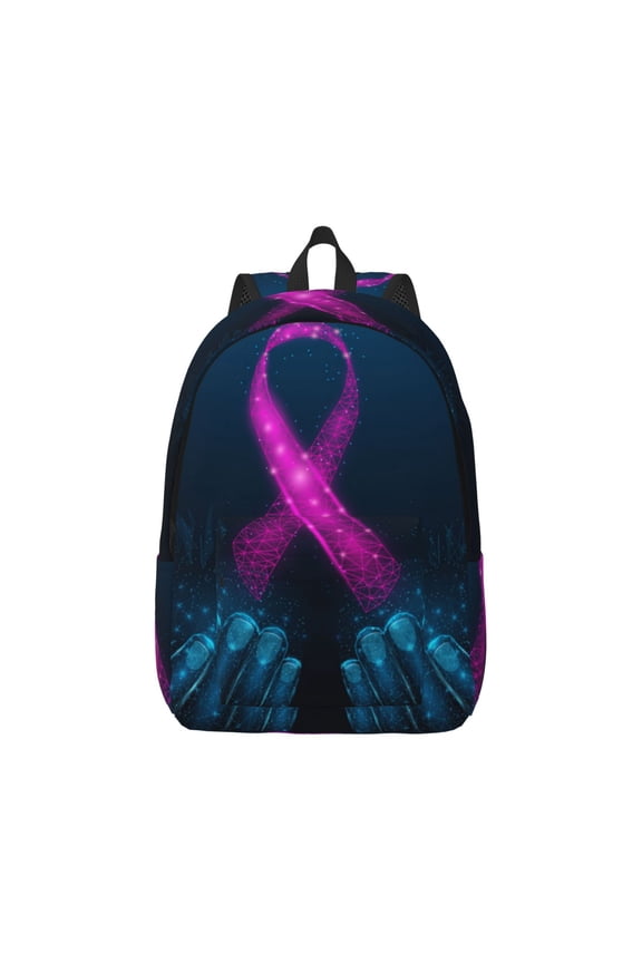 Canvas Backpack for Men Women Two Human Hands are Holds Pink Ribbon Awareness Print Rucksack Casual Travel Daypack Large and Small Durable College Tote Satchel Bookbag for Teens