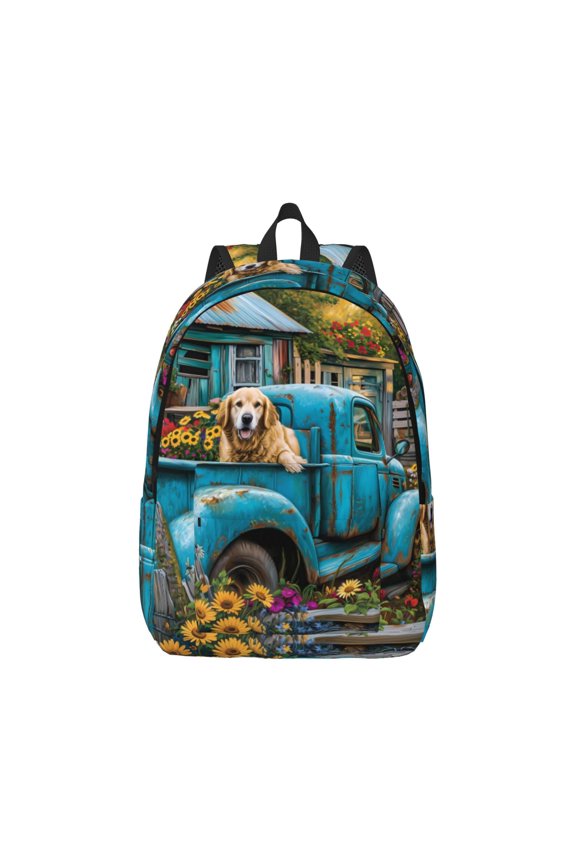 Canvas Backpack for Men Women Vintage Pickup Sunflower Dog Print Rucksack Casual Travel Daypack Large and Small Durable College Tote Satchel Bookbag for Teens
