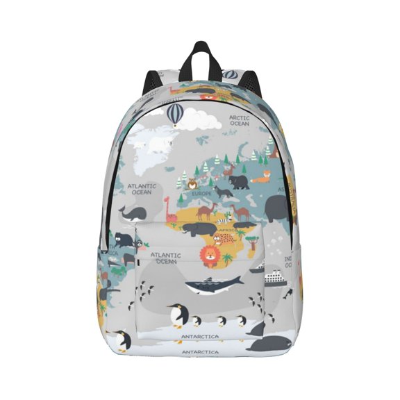 Naloa Canvas Backpack for Men Women The World Map with Cartoon Animals Print Rucksack Casual Travel Daypack Large and Small Durable College Tote Satchel Bookbag for Teens