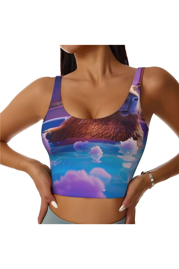 Capybara Bathtub Fun Sports Bras for Women,Sports Bras for Women High Support with Removable Pads-Large