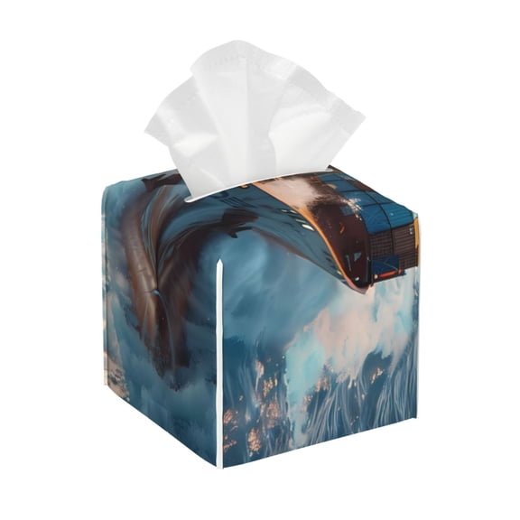 Naloa Cargo Ship At Sea Tissue Box Cover Leather Tissue Holder Square Facial Tissue Case for Bathroom, Vanity Countertop, Tabletop, Car