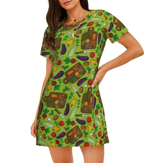 Naloa Carrot Eggplant Print Women Nightgowns,Womens Loungewear,Short Sleeve Sleepwear,Comfy Ladies Nightdress