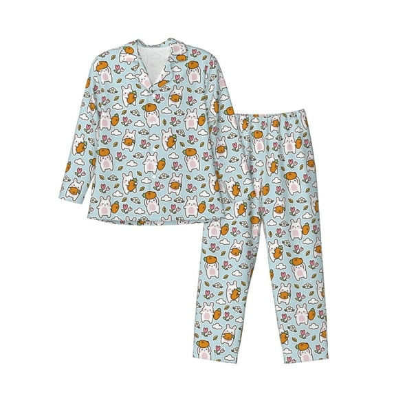 Naloa Carrot Rabbit Men’s Pajamas Set - Long Sleeve Button Down Sleep Shirt and Pajama Bottoms Sleepwear Set-Medium