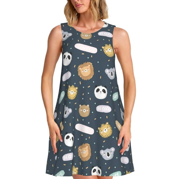 Naloa Cartoon Animals Print Women's Summer Spring Casual Beach Sundress,Vacation Sleeveless Tank Crewneck Loose Dresses