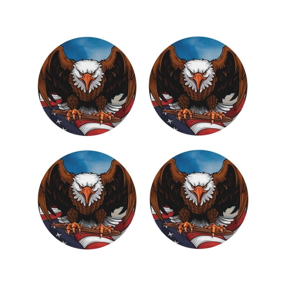 Naloa Cartoon Bald Eagle USA Leather Coasters for Drinks, Durable Drink Coasters 4 Set for Tabletop Protection, Luxurious Home Décor and Housewarming Gift ( {designName})Round Shape