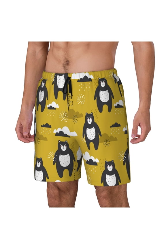 Cartoon Bear Yellow Print Men Swim Trunks with Compression Liner ,Board Shorts,Men's Swim Shorts with Drawstring and Elastic Waistband-X-Large