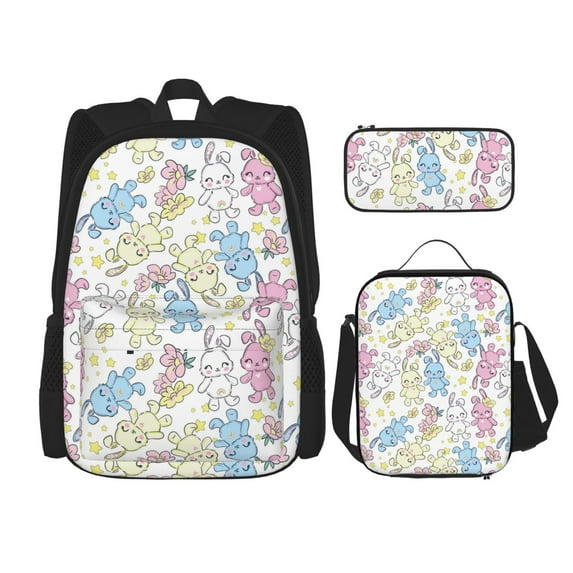 Naloa Cartoon Bunny Print Large Capacity Backpack Lunch Bag Pencil Case Combination 3 Piece Set for Student