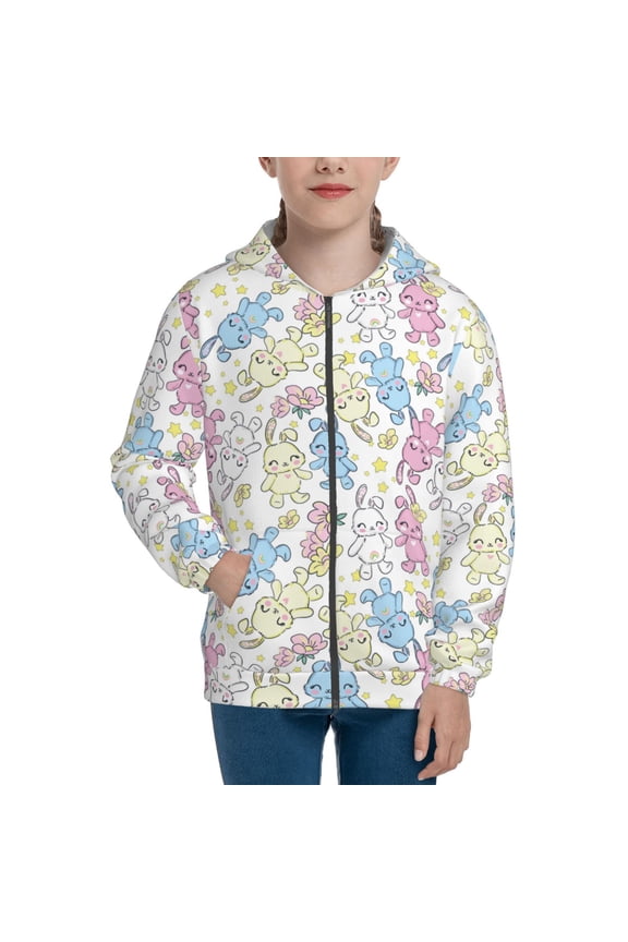 Cartoon Bunny Teenage Zipper Hoodie, Long Sleeve Zip Up Hoodies Casual Jackets Tops for 7-12 Years-Small