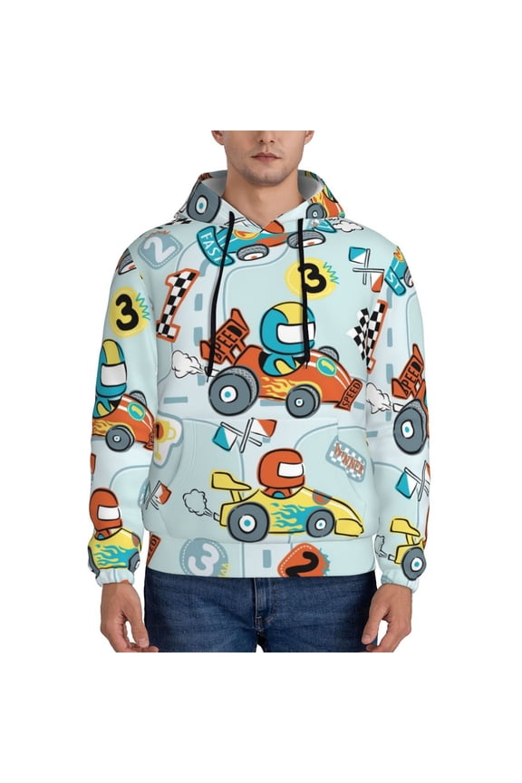 Cartoon Car Racing Men's Casual Hooded Collar Drawstring Hoodies Pullover Sweatshirts Casual Long Sleeve Shirts-4X-Large
