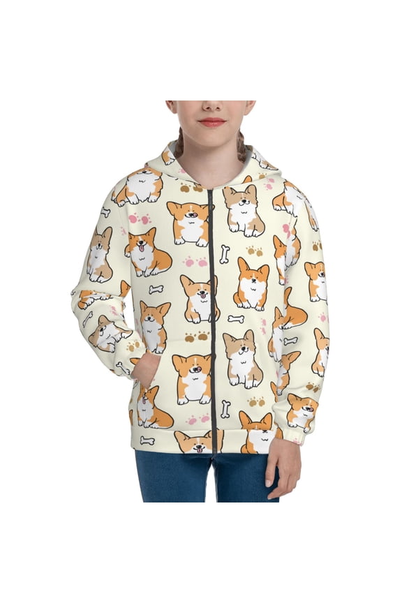 Cartoon Corgi Teenage Zipper Hoodie, Long Sleeve Zip Up Hoodies Casual Jackets Tops for 7-12 Years-Medium