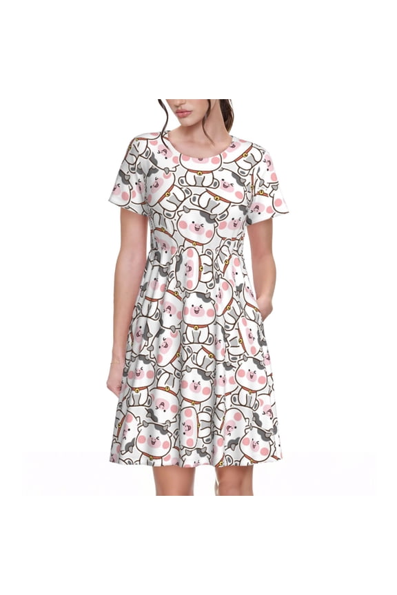 Cartoon Cow Print Womens Summer A-Line Dress with Pockets,Short Sleeve Dresses,Flowy Beach Swing Dress for Vacation Travel