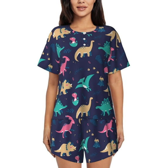 Naloa Cartoon Dinosaur Women's Short-Sleeved Pajama Set, Loungewear, Summer pajamas, Breathable Cozy - X-Large