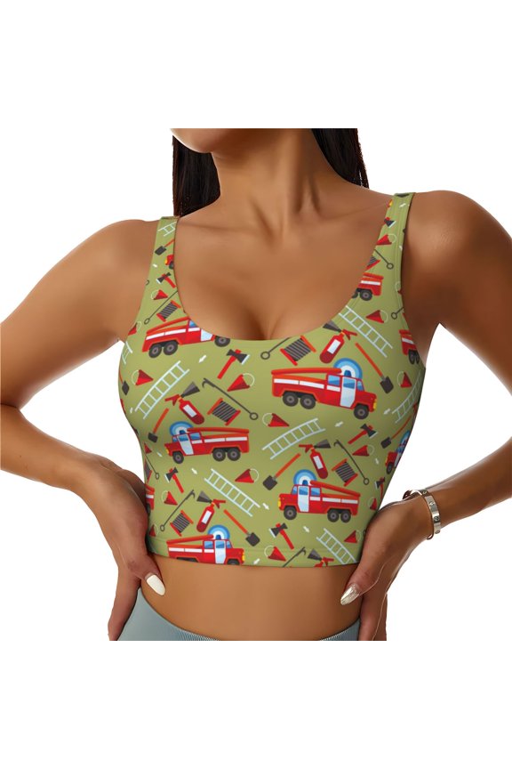 Cartoon Fire Truck Sports Bras for Women, High Support Bra with Removable Pads, Comfortable - Small