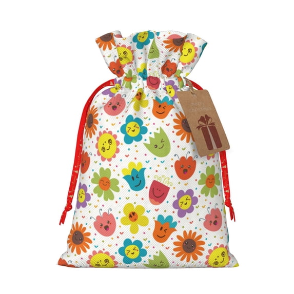Naloa Cartoon Flowers Drawstring Christmas Bags, 3D Xmas Gift Bags, Christmas Wrapping Bags, Xmas Goodie Bags, Treat Pouch Bags, Party Favor Bags-Medium