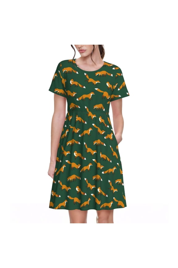 Cartoon Fox 1 Print Womens Summer A-Line Dress with Pockets,Short Sleeve Dresses,Flowy Beach Swing Dress for Vacation Travel