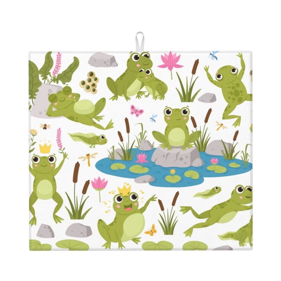 Naloa Cartoon Frogs Dish Drying Mat for Kitchen Counter, Heat Resistant Drainer Mats, Absorbent Draining Mat,Dish Rack Pad,16"x18"