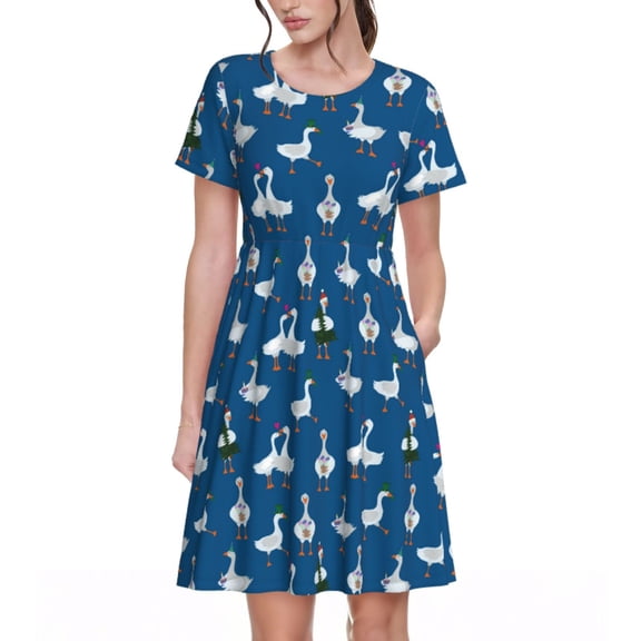 Naloa Cartoon Geese With Xmas Print Womens Summer A-Line Dress with Pockets,Short Sleeve Dresses,Flowy Beach Swing Dress for Vacation Travel