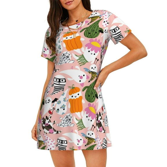 Naloa Cartoon Halloween Print Women Nightgowns,Womens Loungewear,Short Sleeve Sleepwear,Comfy Ladies Nightdress