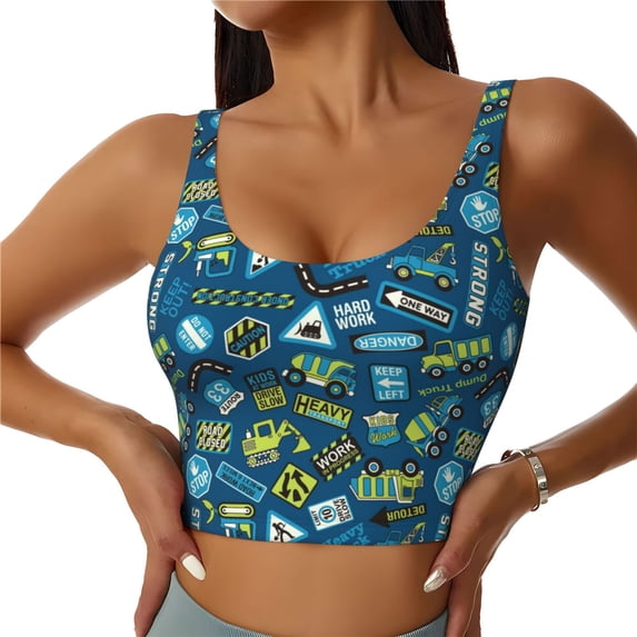 Naloa Cartoon Heavy Equipment Machinery Road Construction Sports Bras for Women, High Support Bra with Removable Pads, Comfortable - X-Large