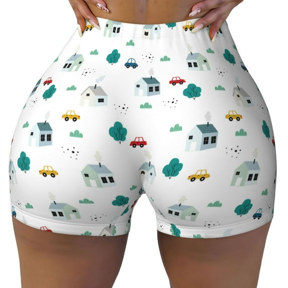Naloa Cartoon House Car Biker Shorts for Women Seamless Scrunch Short Women’s Yoga Shorts for Gym Running Sport Shorts - X-Large