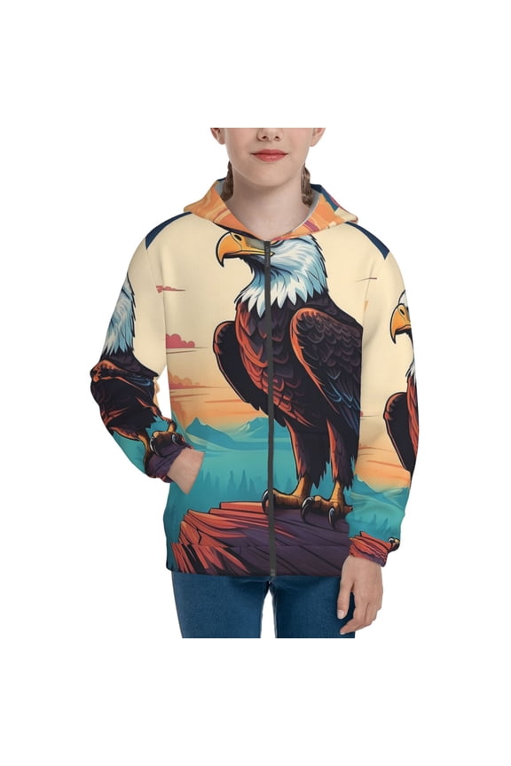 Cartoon Iceberg Bald Eagle Teenage Zipper Hoodie, Long Sleeve Zip Up Hoodies Casual Jackets Tops for 7-12 Years-Medium