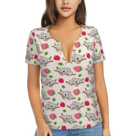 Naloa Cartoon Koala Bear Print T-Shirts Short Sleeve V Neck Tees for Women Fashion Tops Trendy Lightweight Soft Casual Summer Outfits Clothes