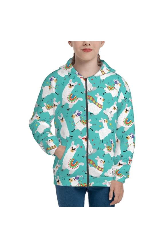 Cartoon Llamas Teenage Zipper Hoodie, Long Sleeve Zip Up Hoodies Casual Jackets Tops for 7-12 Years-Medium