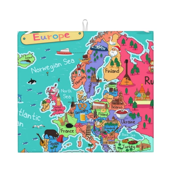 Naloa Cartoon Map Of Europe Dish Drying Mat for Kitchen Counter, Heat Resistant Drainer Mats, Absorbent Draining Mat,Dish Rack Pad,16"x18"