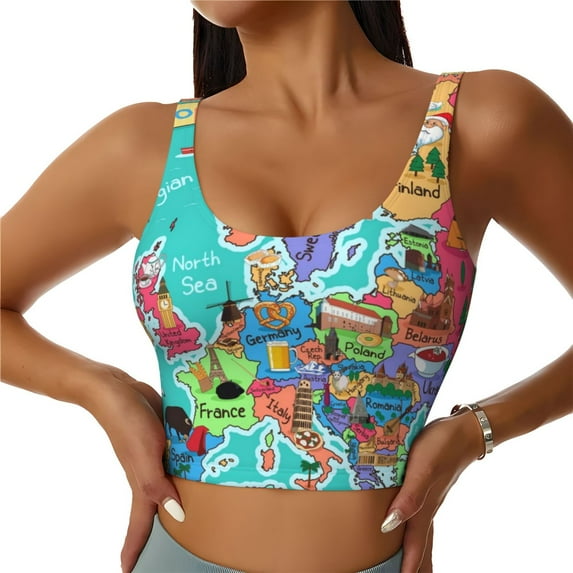 Naloa Cartoon Map Of Europe Sports Bras for Women, High Support Bra with Removable Pads, Comfortable - Small