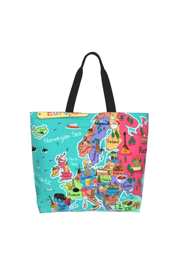 Cartoon Map Of Europe Tote Bag for Women Large Capacity Shoulder Bag for College Work Travel Shopping