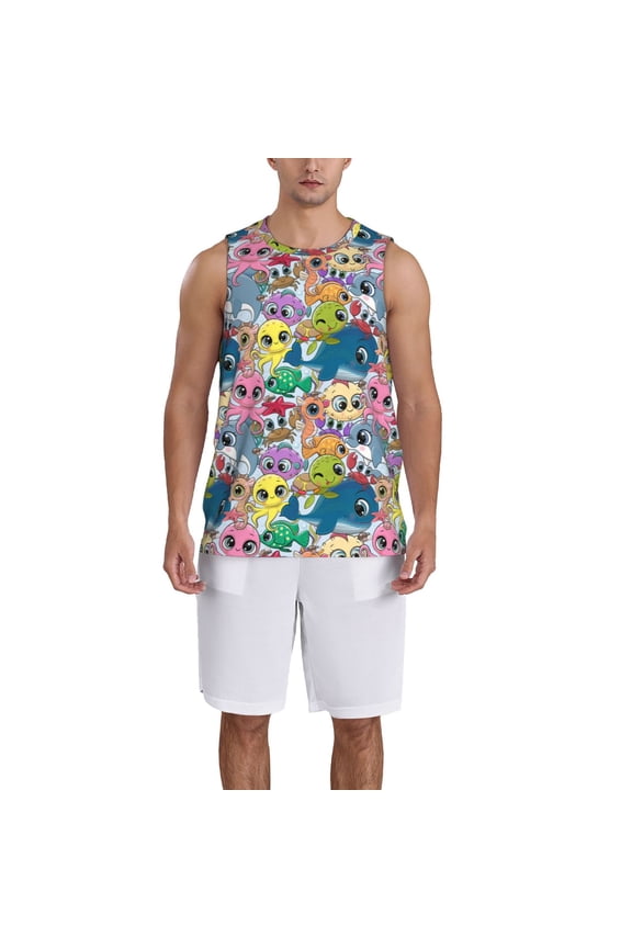 Cartoon Marine Animals Basketball Jersey Reversible Men's Mesh Athletic Sports Shirts Training Practice S-4XLMedium