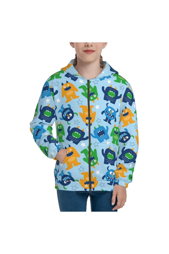 Cartoon Monster Teenage Zipper Hoodie, Long Sleeve Zip Up Hoodies Casual Jackets Tops for 7-12 Years-Medium