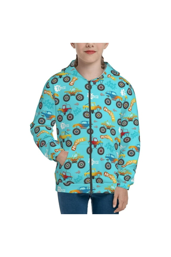 Cartoon Monster Truck Teenage Zipper Hoodie, Long Sleeve Zip Up Hoodies Casual Jackets Tops for 7-12 Years-Medium