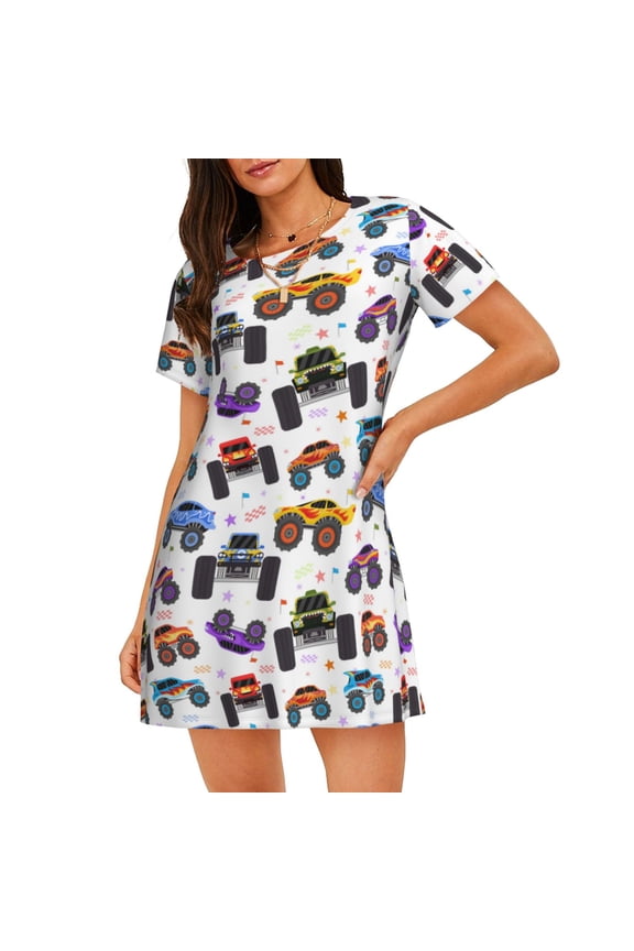 Cartoon Monster Trucks1 Print Women Nightgowns,Womens Loungewear,Short Sleeve Sleepwear,Comfy Ladies Nightdress