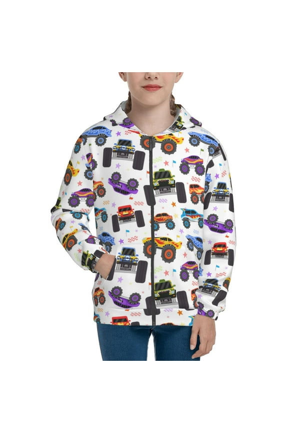 Cartoon Monster Trucks1 Teenage Zipper Hoodie, Long Sleeve Zip Up Hoodies Casual Jackets Tops for 7-12 Years-Medium