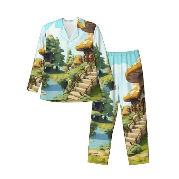 Naloa Cartoon Mushroom House Men’s Pajamas Set - Long Sleeve Button Down Sleep Shirt and Pajama Bottoms Sleepwear Set-X-Large