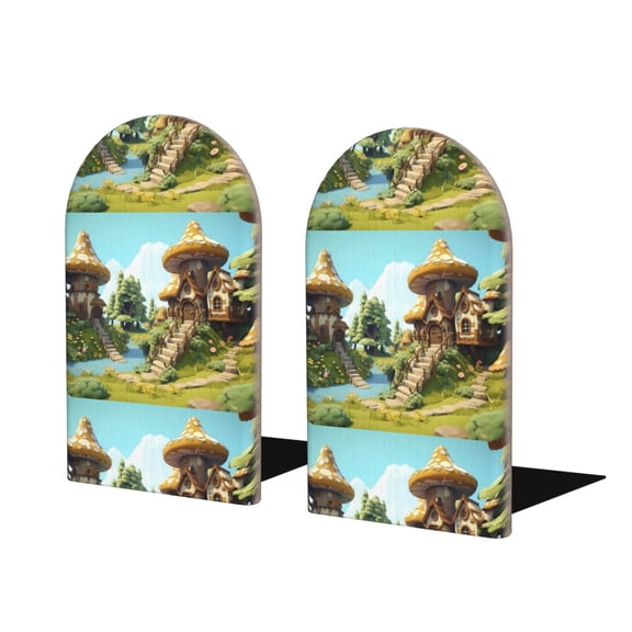 Naloa Cartoon Mushroom House Wood Non-Skid Bookend for Shelves,Book Ends for Heavy Books, Book Stand for CDs,1 Pair