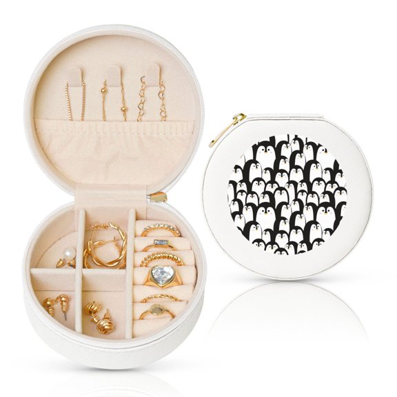 Naloa Cartoon Penguin Round Jewelry Box, Travel Jewelry Organizer, 3.9 x 3.9 x 2in Jewelry Storage Box for Women-White