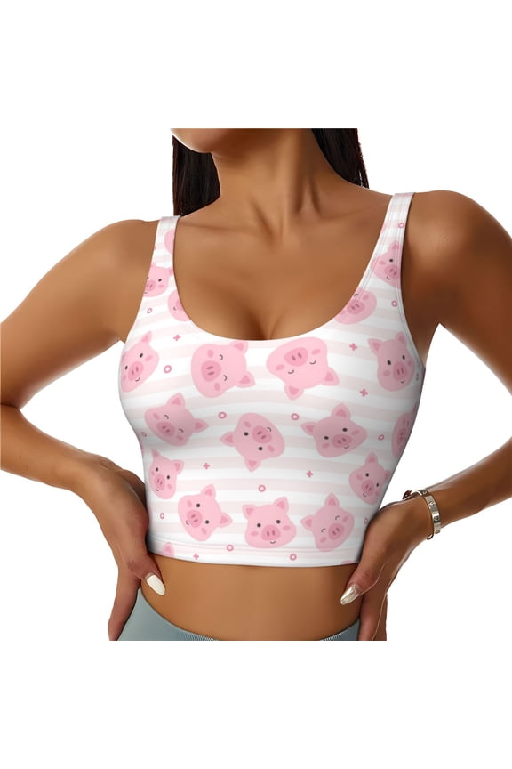 Cartoon Pig Sports Bras for Women, High Support Bra with Removable Pads, Comfortable - Medium