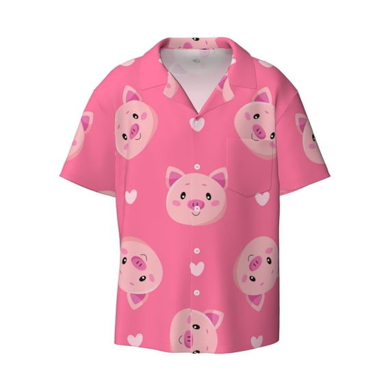 Naloa Cartoon Pigs and Hearts Men's Loose Fit Cuban Collar Short-Sleeve Shirt with Button-down and Chest Pocket for Everyday Wear Outings - Medium