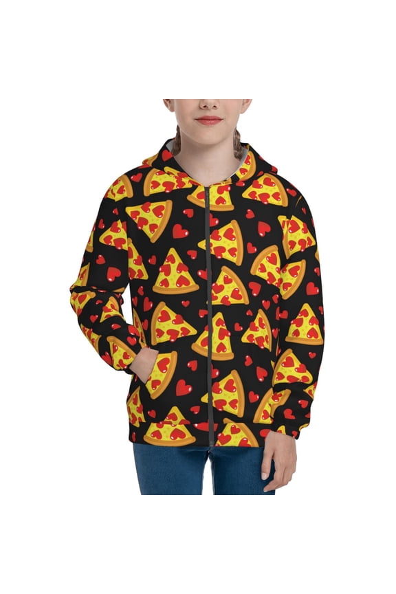 Cartoon Pizza Teenage Zipper Hoodie, Long Sleeve Zip Up Hoodies Casual Jackets Tops for 7-12 Years-Small