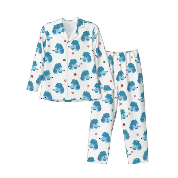 Naloa Cartoon Poodle Dog Men’s Pajamas Set - Long Sleeve Button Down Sleep Shirt and Pajama Bottoms Sleepwear Set-XX-Large