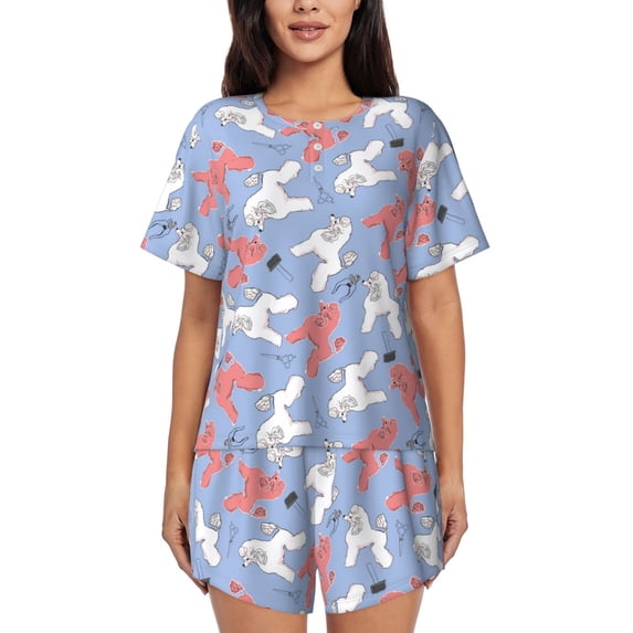 Naloa Cartoon Poodle Dog Women's Short-Sleeved Pajama Set, Loungewear, Summer pajamas, Breathable Cozy - X-Large