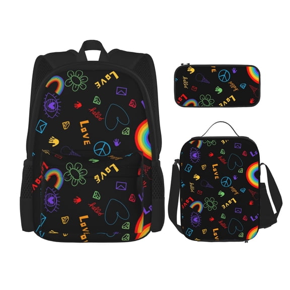 Naloa Cartoon Pride Lgbt Print Large Capacity Backpack Lunch Bag Pencil Case Combination 3 Piece Set for Student