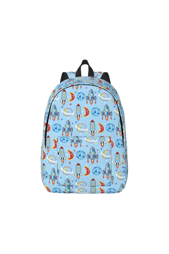 Cartoon Rocket With Space Canvas Backpack for Men Women Rucksack Casual Travel Daypack College Tote Satchel Bookbag for Teens-Medium