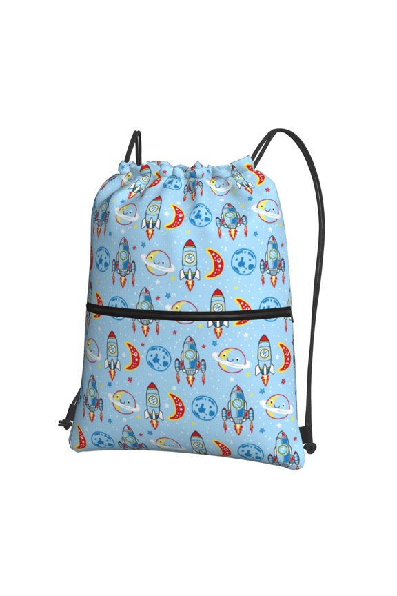 Cartoon Rocket With Space Drawstring Backpack String Bag Cinch Water Resistant for Gym Shopping Sport Yoga