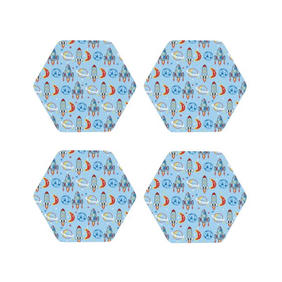 Naloa Cartoon Rocket With Space Leather Coasters for Drinks, Durable Drink Coasters 4 Set for Tabletop Protection, Luxurious Home Décor and Housewarming Gift ( {designName})Hexagon