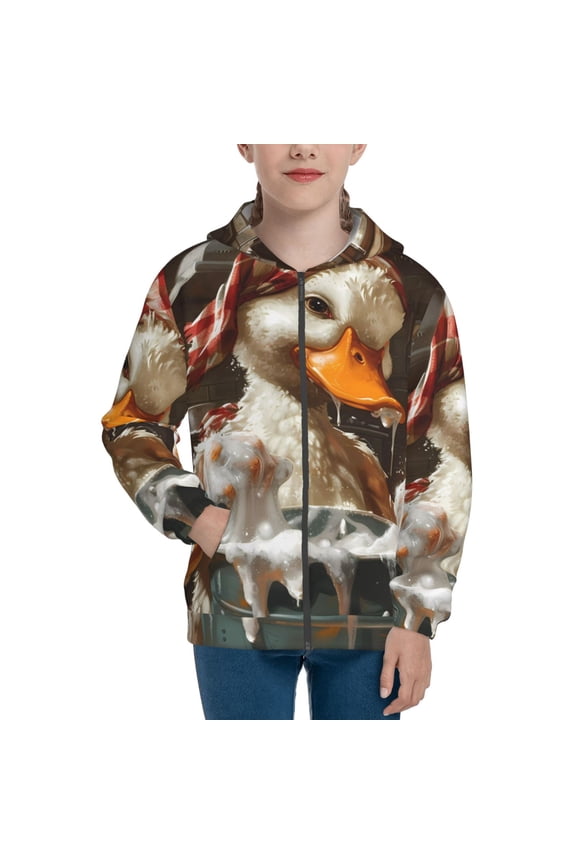 Cartoon Scottish Duck Teenage Zipper Hoodie, Long Sleeve Zip Up Hoodies Casual Jackets Tops for 7-12 Years-Medium